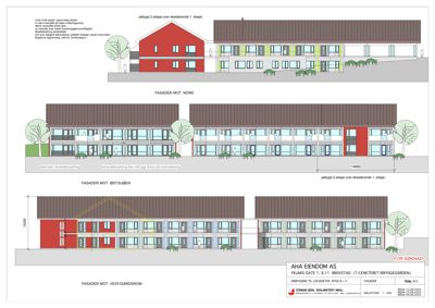 Fasadetegning som viser bygningens utseende fra tre ulike sider (Nord, Øst og Vestgardsrom) med detaljer om materialer og farger.