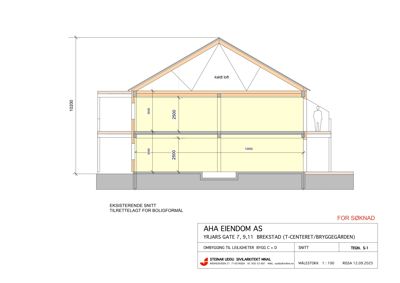 Snittegning som viser tverrsnittet av en eksisterende bygning, inkludert høyder, romfordeling og konstruksjonsdetaljer.