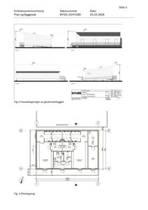 Bildet viser en fasadetegning (Fig. 2) og en plantegning (Fig. 3) av et garderobebygg.