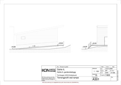 Snittegning som viser terrengprofil og rampeoppbygging med høydemål.