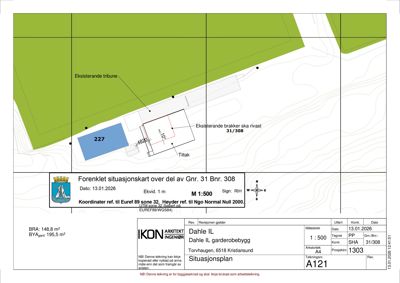 Situasjonsplan som viser eksisterende og planlagt bebyggelse på tomt, med mål, koordinater og tegningsnummer.