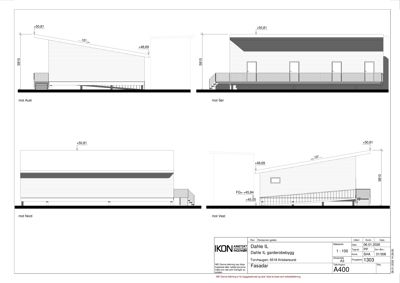 Fasadetegning som viser bygningens utseende fra fire sider (mot Aust, Sør, Nord og Vest) med høydemål og takhelling.