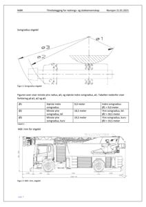 Tegning som viser dimensjoner og svingradius for en stigebil, inkludert tabeller med mål.