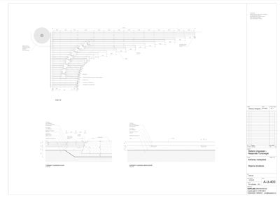 Snittegning som viser tverrsnitt gjennom en vegkonstruksjon med detaljer om lagtykkelse, materialer og nivåer.
