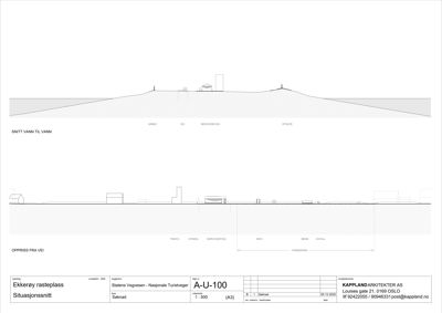 Situasjonssnitt som viser bygningenes plassering i forhold til terreng og vei.