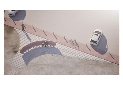 3D-visualisering (rendering) av en utendørs trapp og en bueformet sitteplass sett fra en høy vinkel. Bildet viser også bil, sykkel og mennesker for å gi skala og kontekst.