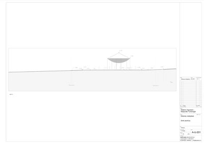 Snittegning (snitt utomhus) som viser bygningens høyde, takform og grunnplan sett i tverrsnitt.