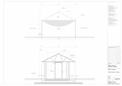 Fasadetegning som viser bygningens utseende fra nordvest med inngang, inkludert takform, vinduer og konstruksjonsdetaljer.