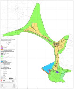 En situasjonsplan (tomteplan) som viser arealbruksfordeling, reguleringsområder og infrastruktur for et område i Eksendy.