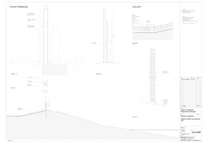 Snittegning som viser detaljer for stolpeformidling og svillestøt, inkludert oppriss, plan og detaljer.