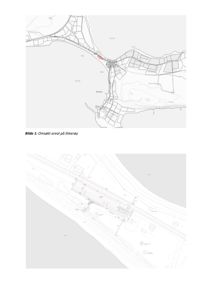 Bildet viser to tegninger som viser bygningens plassering i forhold til omgivelsene, inkludert veger, vann og nabotomter. Øverste tegning er en situasjonsplan med en markert rød farge for 'Omsøkt areal'. Nedre tegning er en mer detaljert situasjonsplan eller tomtetekning.
