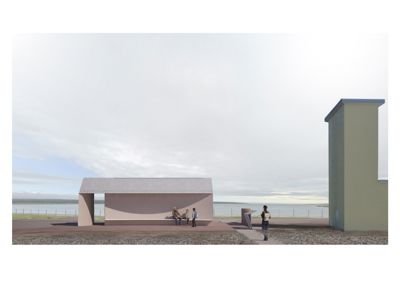 3D-visualisering (rendering) av en arkitektonisk tegning som viser en bygning sett fra utsiden med mennesker for å gi skala.