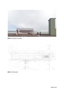 Et fotografi av en planlagt bygning (tiltak) sett fra utsiden, med en utomhusplan under.