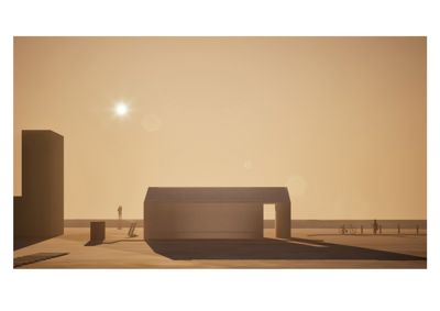 En 3D-visualisering (rendering) av en arkitektonisk modell sett fra utsiden, med kunstig belysning og atmosfæriske effekter.