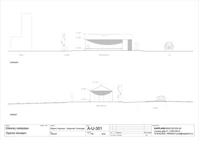 Oppriss (fasadetegning) av Ekkerøy raste plass, som viser bygningens utseende og høyder sett fra nordøst og sørøst.