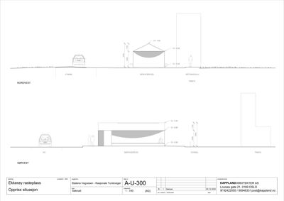 Oppriss (snitt) av Ekkerøy raste plass som viser bygningens høydeprofil og plassering i terrenget.