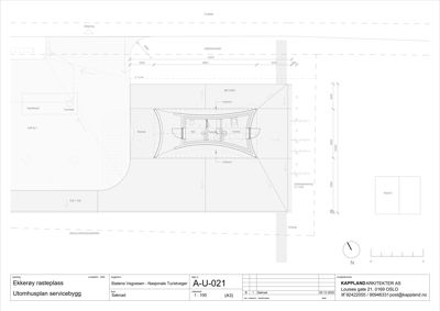 Situasjonsplan for Ekkerøy rasteplass som viser plassering av servicebygg, veier, gressområder og trafostasjon.