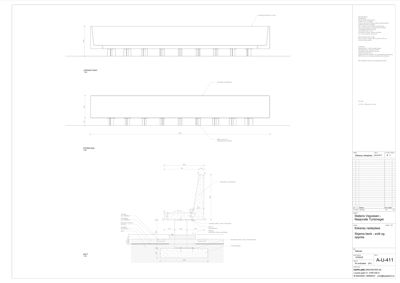 Snittegning som viser detaljer for en betongkonstruksjon (tåleplate) og fundamentet under.