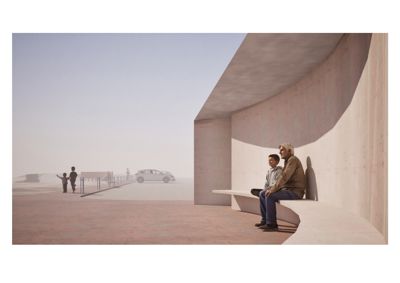 3D-visualisering av en arkitektonisk utforming med en familie som sitter på en benk i en moderne, minimalistisk setting.