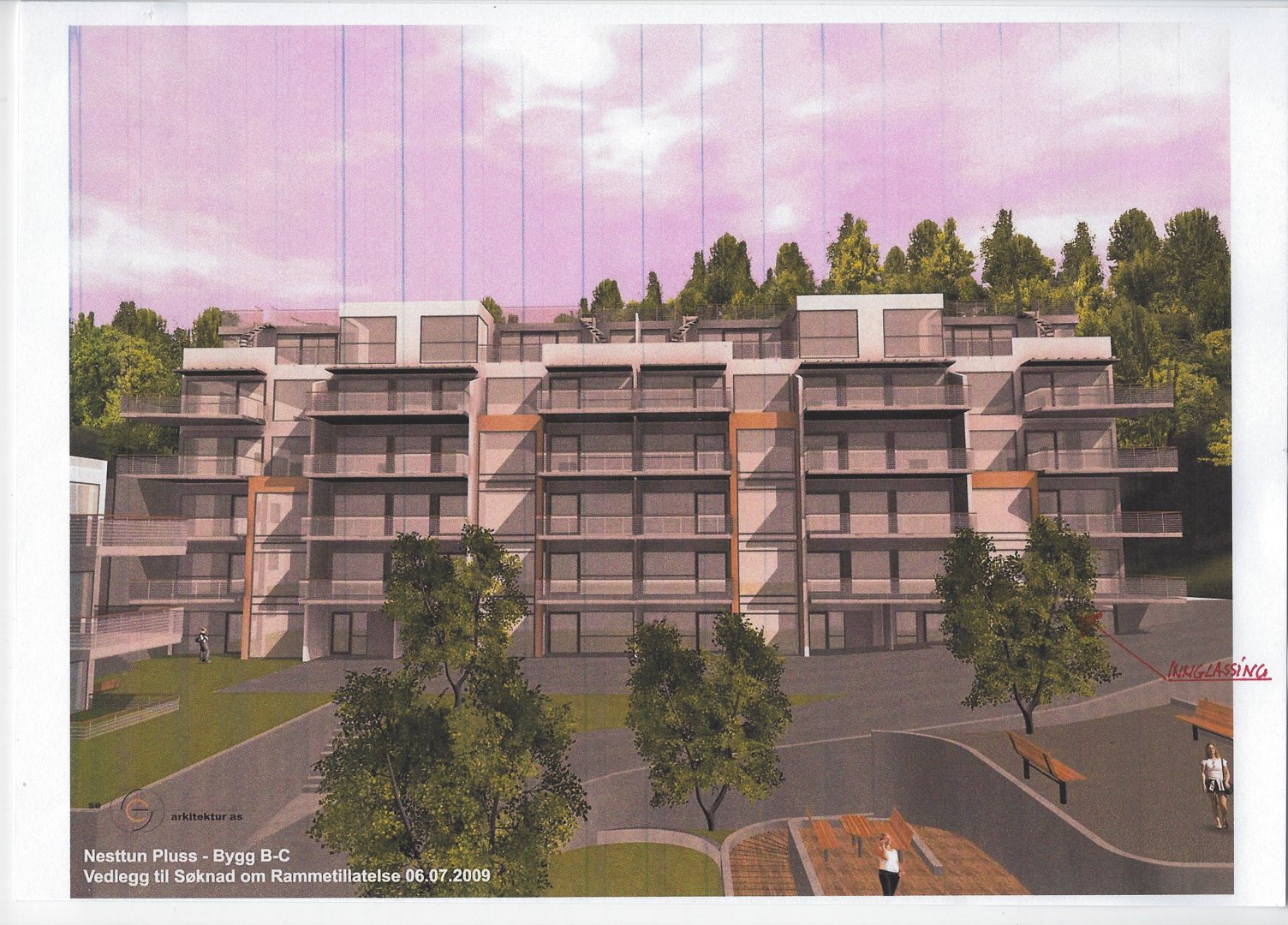 3D-visualisering av en planlagt bygning (Nesttun Plass) med omgivende landskap, trær og gater.