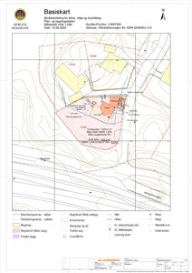 Basiskart (situasjonsplan) som viser eiendomsgrenser, bygninger, topografi og reguleringsgrenser for en tomt i Bergen.