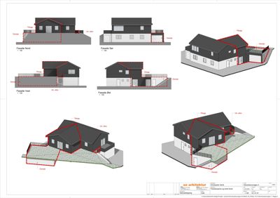 Fasadetegninger som viser bygningens utseende fra fire sider (Nord, Sør, Vest, Øst) samt 3D-visualiseringer av fasadene.