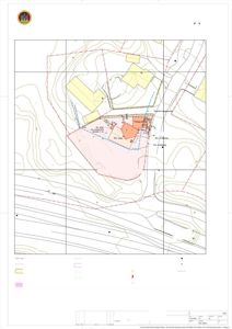 Basiskart (situasjonsplan) som viser eiendomsgrenser, bygninger, topografi og reguleringsgrenser for en tomt i Bergen.