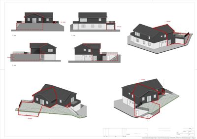 Fasadetegninger som viser bygningens utseende fra fire sider (Nord, Sør, Vest, Øst) samt 3D-visualiseringer av fasadene.