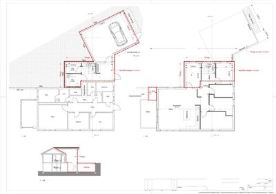 Etasjeplaner (Plan U og Plan 01) med romfordeling, mål og arealoversikt for tilbygg og garasje.