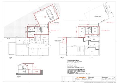 Etasjeplaner (Plan U og Plan 01) med romfordeling, mål og arealoversikt for tilbygg og garasje.