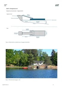 Bildet viser tegninger av en brygge, inkludert et snitt (oppriss) og et planutsnitt, med mål og beskrivelser.