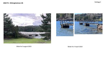 Fotografier av en brygge ved vannet, tatt i 2023 og 2024.