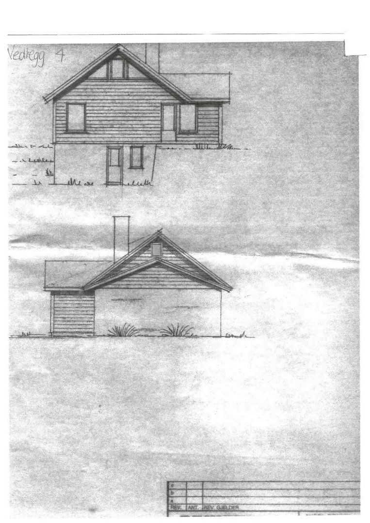 Fasadetegning som viser to utsnitt av en bygning (Vedlegg 4), inkludert takform, vinduer og dører.