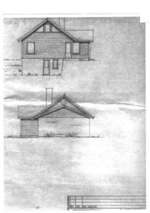 Fasadetegning som viser to utsnitt av en bygning (Vedlegg 4), inkludert takform, vinduer og dører.