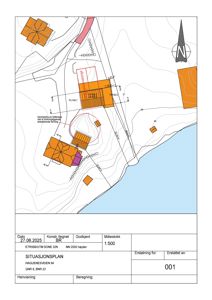Situasjonsplan som viser tomtens beliggenhet, nabolag, høydeforhold (konturlinjer) og bygningers plassering.