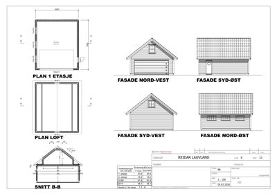 Bildet viser en samling tegninger for en garasje, inkludert etasjeplaner (PLAN 1 ETASJE, PLAN LOFT), fasadetegninger (FASADE NORD-VEST, SYD-ØST, SYD-VEST, NORD-ØST) og en snittegning (SNITT B-B).