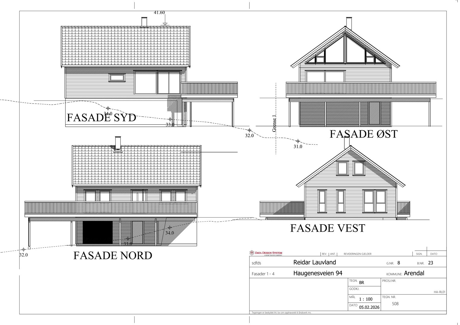 Fasadetegning som viser oppriss av bygningens fire sider (Nord, Sør, Øst, Vest) med detaljer om tak, vinduer og balkonger.