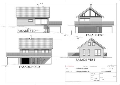 Fasadetegning som viser oppriss av bygningens fire sider (Nord, Sør, Øst, Vest) med detaljer om tak, vinduer og balkonger.