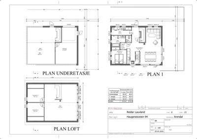 Plantegning som viser romfordeling og mål for tre etasjer: underetasje, 1. etasje (PLAN 1) og loft.