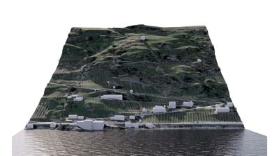 Situasjonsplan som viser etasjeplaner, bygninger og terrengform i et landskap ved vann.