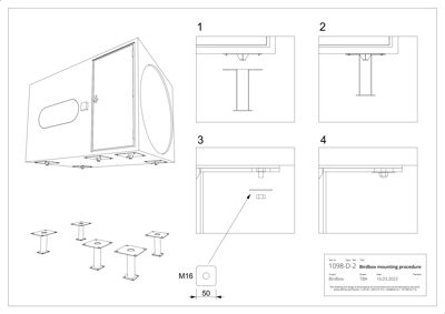 En teknisk tegning som viser monteringsprosedyre for en 'Birdbox' (fuglehus), inkludert detaljer for festeplater og skruer.