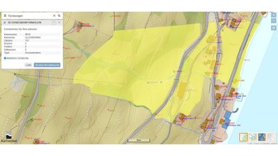 Kartutsnitt fra Kartverket som viser eiendomsgrenser, topografi og nabolag.