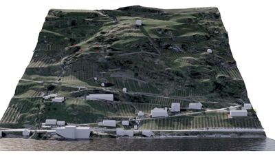 Situasjonsplan (3D-modell) som viser etasjeforhold, terrengform, vegnett og plassering av bygninger i forhold til kystlinjen.