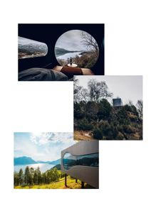 En collage av tre foton som viser en moderne bygning med karakteristiske rundede vinduer, sett fra ulike vinkler (utenfra og fra innsiden).