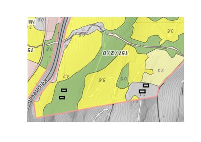 Situasjonsplan som viser tomtens grenser (rød linje), topografi (konturlinjer), vegnett (Reisetevegen) og arealbruk (fargekodet).