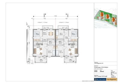 Etasjeplan for 2. etasje i en bygning (HUS A og B) med romfordeling, mål og arealoppdelinger.
