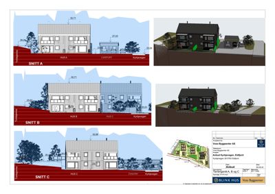 Bildet viser tre snittegninger (SNITT A, B og C) av en boligbebyggelse, samt tilhørende 3D-visualiseringer og en situasjonsplan.