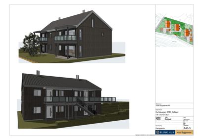 Perspektivtegning (rendering) av en planlagt bygning sett fra to ulike vinkler.