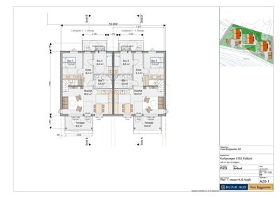 Etasjeplan (1. etasje) som viser romfordeling, mål og areal for to leiligheter.