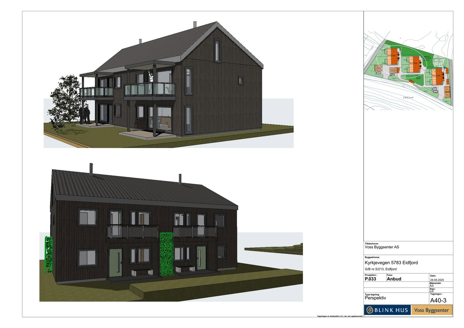 3D-visualiseringer (renderinger) av et planlagt bygg sett fra ulike vinkler, inkludert fasade og situasjon.